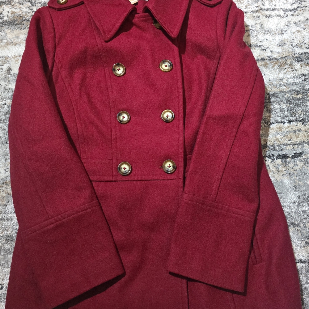 MICHAEL Michael Kors Double-Breasted Pea Coat in Deep Red with Gold Buttons